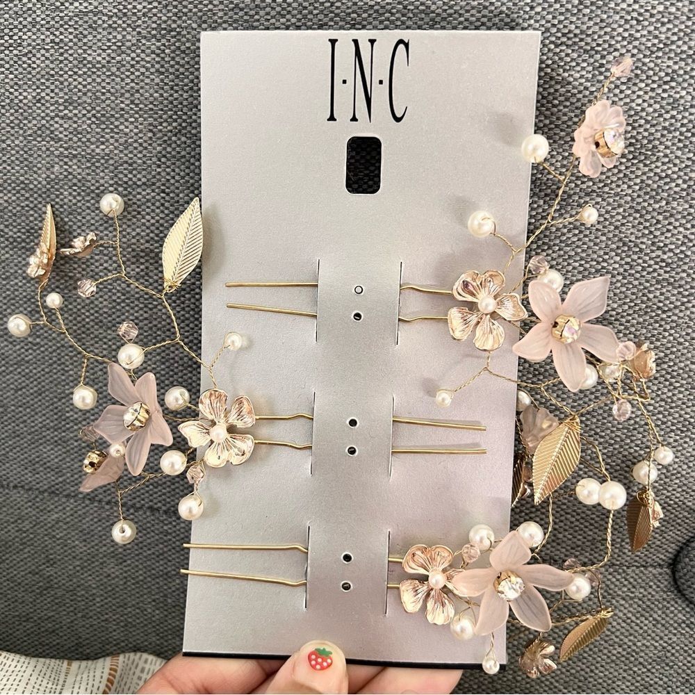 INC Floral Pearl Gold Hair Pins set of 3 Blush Pink NEW MSRP $30